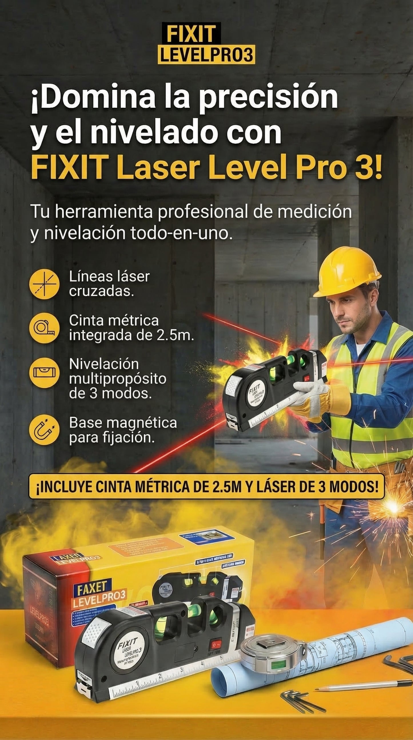 Nivel Láser Pro3 - Nivelación Profesional con Líneas Cruzadas