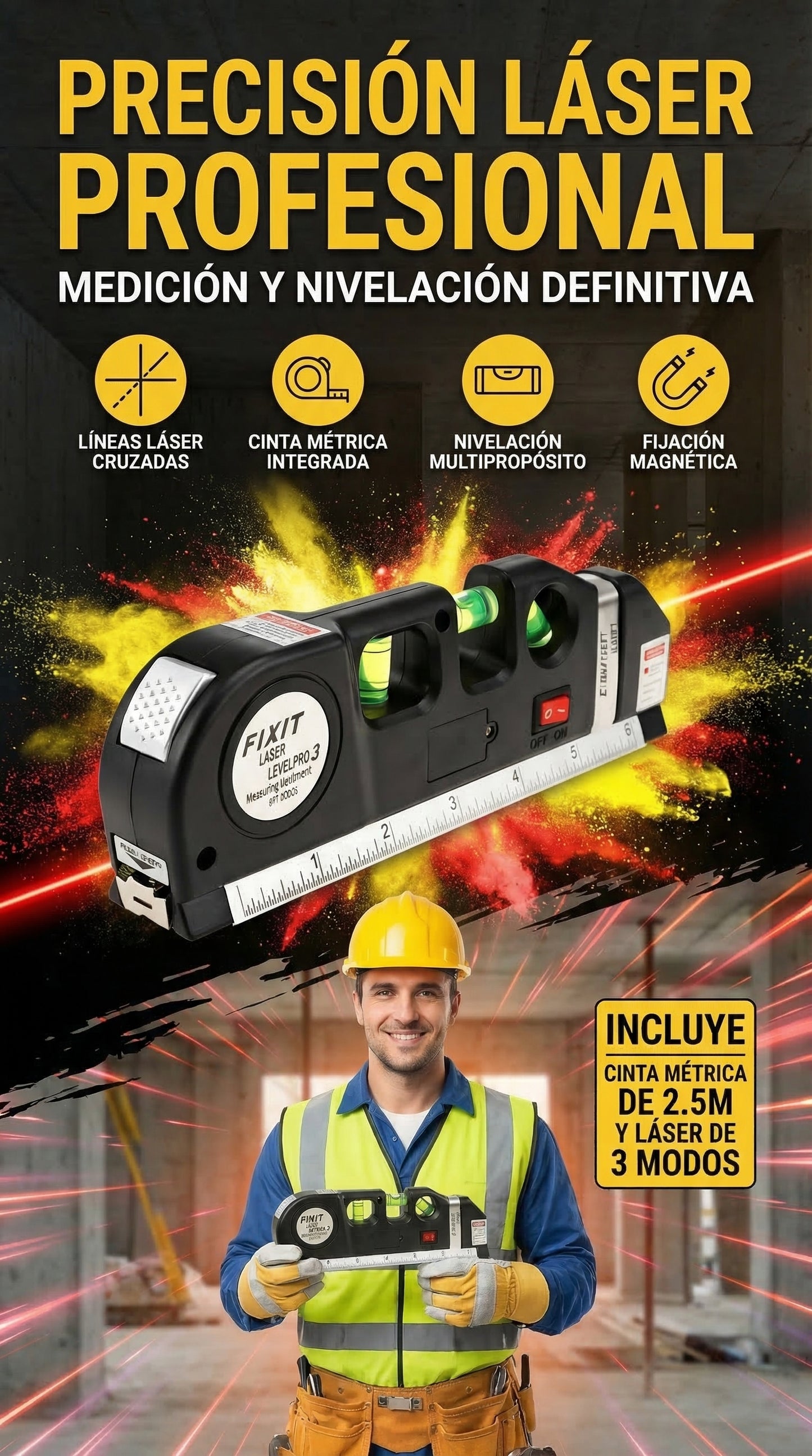 Nivel Láser Pro3 - Nivelación Profesional con Líneas Cruzadas